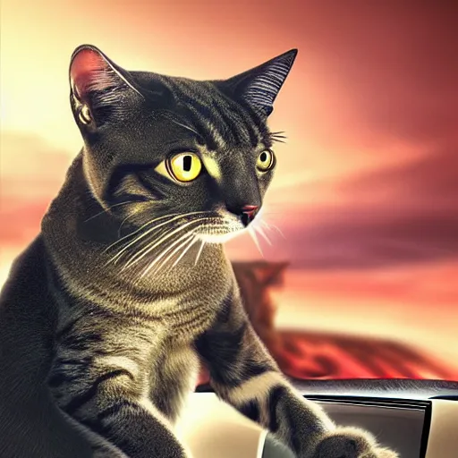 Image similar to a cat driving a car, photo manipulation, digital art, photoshop, creative