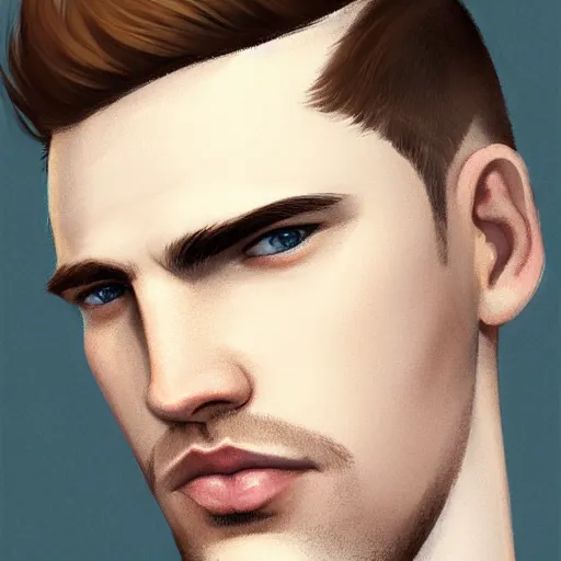 Image similar to tall chunky man in his twenties with brown blond short regular haircut and round facial structure with cleft chin, straight eyebrows, big light blue eyes, with a little smile, cheekbones, straight nose, wider face, shadow of beard, atmospheric lighting, painted, intricate, 4 k, highly detailed by charlie bowater