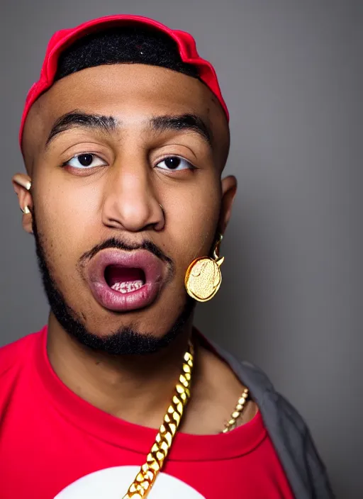 Prompt: dslr portrait photo still of!!! colonal sanders kfc!!! as a gangsta rapper with gold chains and gold teeth grills, 8 k, 8 5 mm f 1. 8