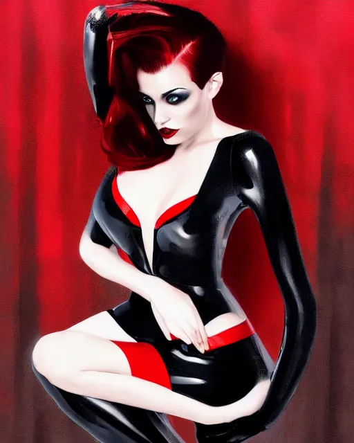 Image similar to Digital painting of a female model posing in a black latex dress, gothic, short red hair, black and red tones, dramatic background