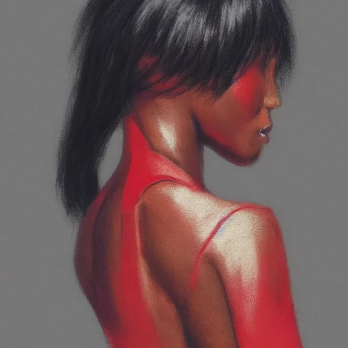 Image similar to Naomi Campbell by Lynette Yiadom-Boakye. details, smooth, sharp focus, illustration, realistic, cinematic, artstation, award winning, rgb , unreal engine, octane render, cinematic light, macro, depth of field, blur, red light and clouds from the back, highly detailed epic cinematic concept art CG render made in Maya, Blender and Photoshop, octane render, excellent composition, dynamic dramatic cinematic lighting, aesthetic, very inspirational, arthouse.