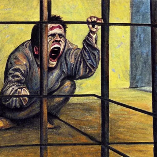 Image similar to a screaming prisoner holding prison bars, realism old painting