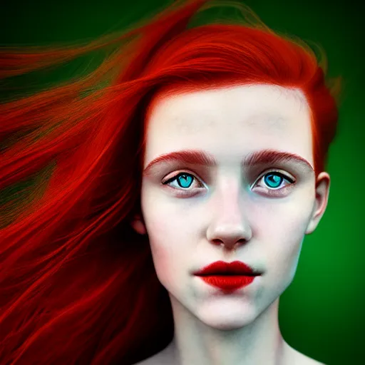 Image similar to a fantastic portrait photograph of a smiling girl with red hair and green eyes by Alessio Albi, symmetrical face, artstation, deviantart, hyperrealism