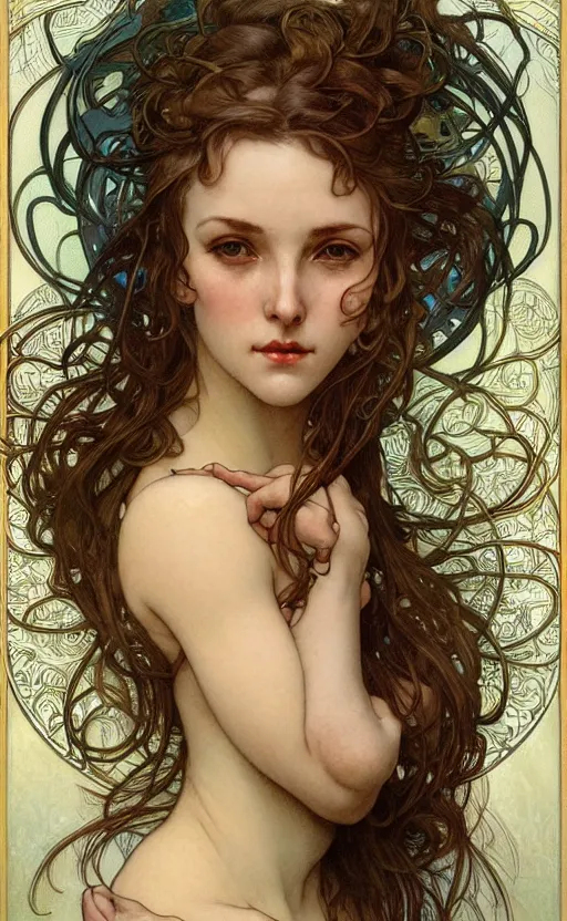 Prompt: hyper-realistic detailed face portrait of attractive mature woman by Alphonse Mucha, Ayami Kojima, Amano, Charlie Bowater, Karol Bak, Greg Hildebrandt, Jean Delville, and Mark Brooks, Art Nouveau, Neo-Gothic, gothic, rich deep moody colors