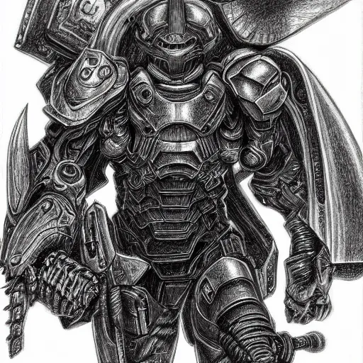 Prompt: a hyper - detailed pencil drawing of doom slayer by kentaro miura,