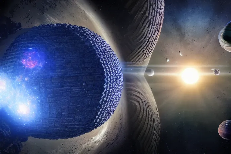 Image similar to A very highly detailed dyson sphere next to the planet Earth, on deep space, concept art by, sci-fi highly detailed, digital concept art, Dimensional nebulas natural light, sharp focus, realistic concept art rendered in Octane Render, From the distance