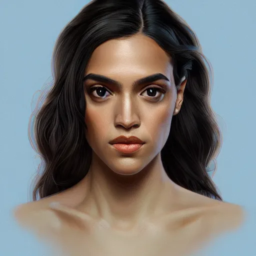 Image similar to symmetry portrait of alexandria ocasio - cortez, intricate, elegant, highly detailed, digital painting, artstation, concept art, smooth, sharp focus, illustration, art by artgerm and greg rutkowski and alphonse mucha, 8 k