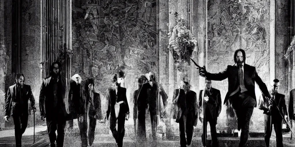 Image similar to John Wick, a black and white photo of a group, an album cover by David Gilmour Blythe, pinterest, bauhaus, tesseract, composition, national geographic photo, flemish baroque