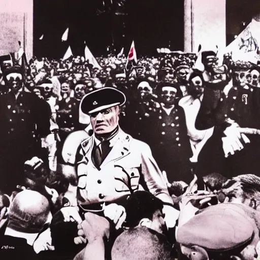 Image similar to Mussolini at the gay pride, photograph, hyper detailed, award winning photograph, 8k