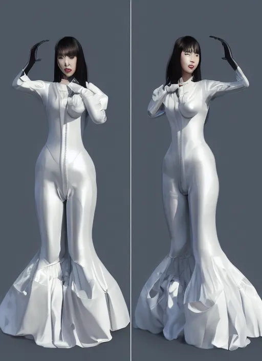 Image similar to an early 0 0's aesthetic digital portrait of a japanese futuristic beautiful girl detailed features wearing a latex wedding dress with a puffy skirt designed by balenciaga artstation, realistic by ichiro tanida and armin vit