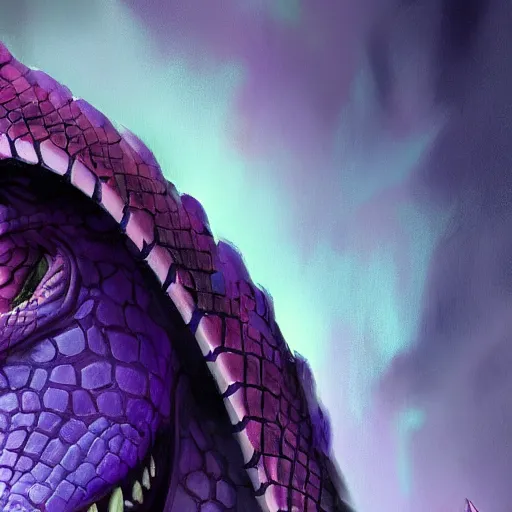 Prompt: a close-up look of a violet snake-head, snake head, two fangs, violet theme, epic fantasy digital art style, fantasy artwork, by Greg Rutkowski, fantasy hearthstone card art style