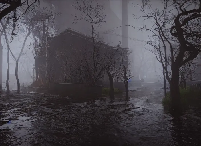 Image similar to dark, misty, foggy, flooded new york city street swamp in Destiny 2, liminal creepy, dark, dystopian, abandoned highly detailed 4k in-game destiny 2 screenshot gameplay showcase