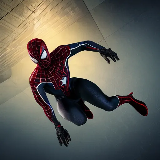 Image similar to black spider - man suit with green web lining, cinematic, volumetric lighting, realistic, hyperdetailed, photorealistic, photograph