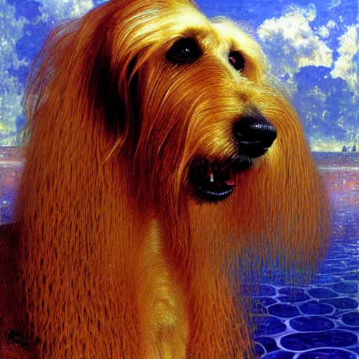 Prompt: portrait of a male furry afghan hound dog in a swimsuit. shadowrun furaffiniy cyberpunk fantasy highly detailed painting by gaston bussiere craig mullins jc leyendecker gustav klimt artgerm greg rutkowski john berkey, bergey, craig mullins, ruan jia, raymond swanland, jeremy mann, tom lovell, alex malveda