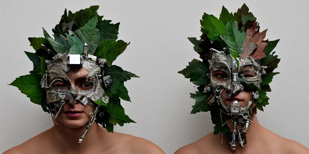 Prompt: a beautiful cyborg made of ceremonial leaf maske