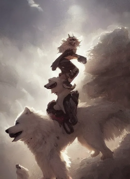 Prompt: comic book cover. giant samoyed dog being ridden by a small young girl. heroic lighting by greg rutkowski, trending on artstation