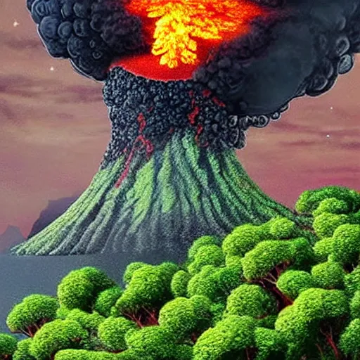 Image similar to A volcanic eruption where instead of lava, broccoli pieces are spied out, fantasy art