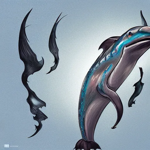 Image similar to hybrid of a dolphin and black western dragon, digital art