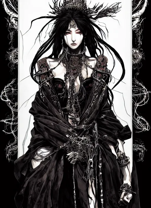 Prompt: portrait of a beautiful female arachnoid spider priestess in ornate robe and long black hair. in style of yoji shinkawa and hyung - tae kim, trending on artstation, dark fantasy, great composition, concept art, highly detailed, dynamic pose, vibrant colours.
