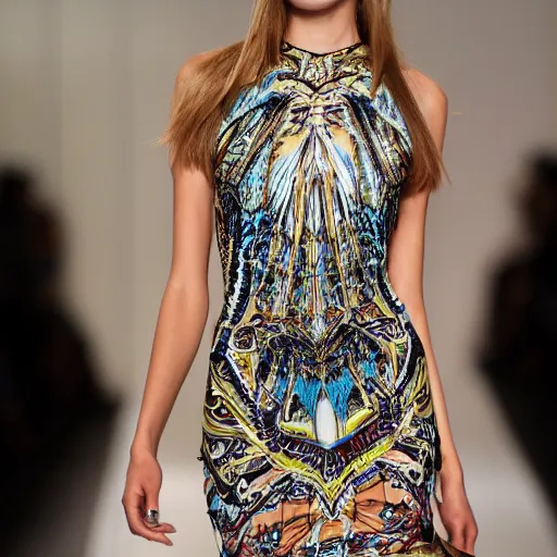 Image similar to Emilio Pucci dress, fashion model on runway, 8k,