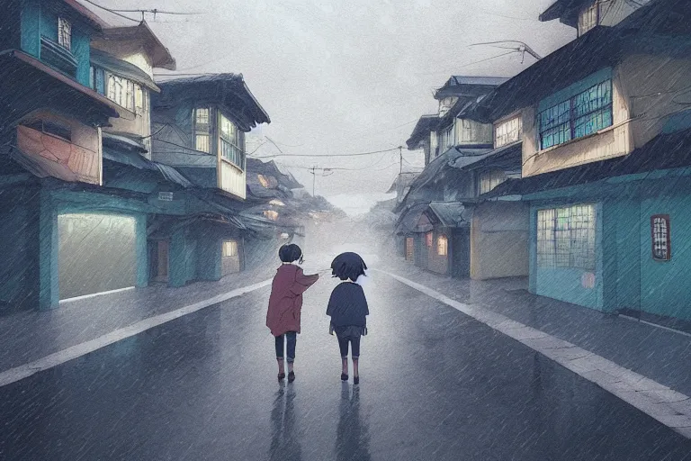 Umbrella, city, Rainy days, Anime Style, Heavy Rain...