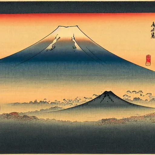 Prompt: Ukiyo-e depiction of Mount Fuji at sunrise