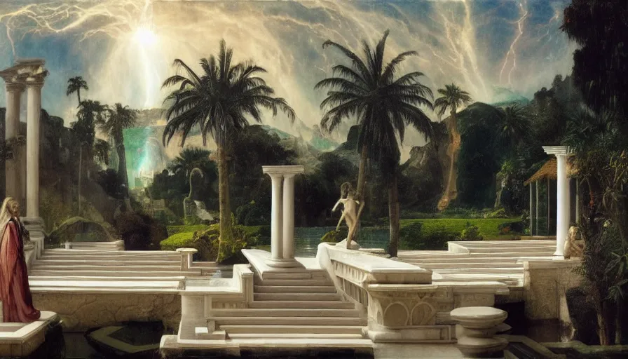 Image similar to Palace of the occult, mediterranean balustrade and columns, refracted sparkles, thunderstorm, greek pool, beach and Tropical vegetation on the background major arcana sky and occult symbols, by paul delaroche, hyperrealistic 4k uhd, award-winning, very detailed paradise