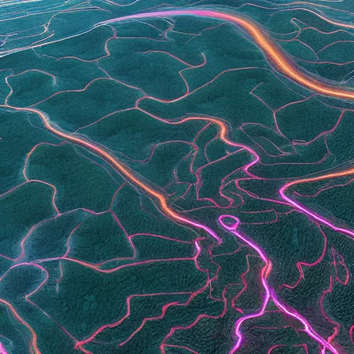 Image similar to An incredible matte photograph of an ailen landscape taken from a satellite looking straight down, Nikon D5 Sigma 50–500mm lens, ambient occlusion, volumetric lighting, rtx ray tracing, unreal engine, psychedelic colors, by Vadim Sadovski artstation, Lighting by Charly Vanlaere artstation