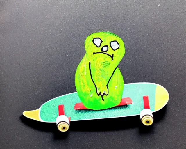 Image similar to pickle with a face riding a skateboard