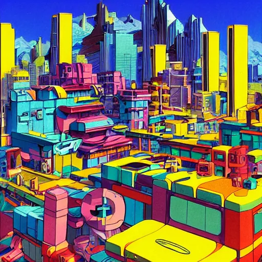 Image similar to futuristic city on a mountainside, red - yellow - blue buildings, city, q - bert blocks, colorful blocks on hillside, 3 d blocks, cel - shaded, raytracing, cel - shading, toon - shading, 2 0 0 1 anime, flcl, jet set radio future, drawn by artgerm