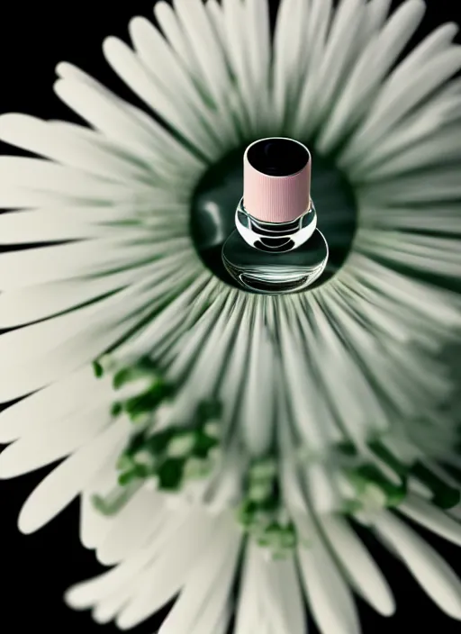 Image similar to perfume bottle standing in the center of an enchanted smokey cloud puff made of daisies, blurred background contoured smooth fair walls, up close shot, sharp focus, global illumination, radiant light, alexandre ferra, irakli nadar, octane highly render, 4 k, ultra hd,