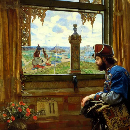 Prompt: Peter The Great reinstalls windows 95 by vasnetsov and surikov serov, JEAN-VICTOR BERTIN, by Terence Cuneo, detailed, artfully traced, 4k resolution, cinematic, dramatic