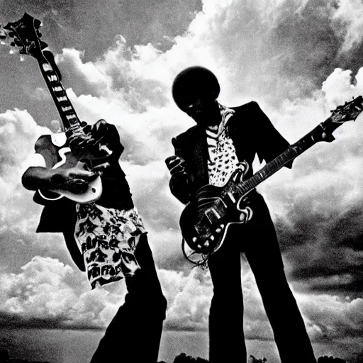 Prompt: photo of jimi hendrix and b. b king, with very highly detailed face, jamming with electric guitars, sitting on fluffy clouds. realism, beautiful, dramatic by steve mccurry