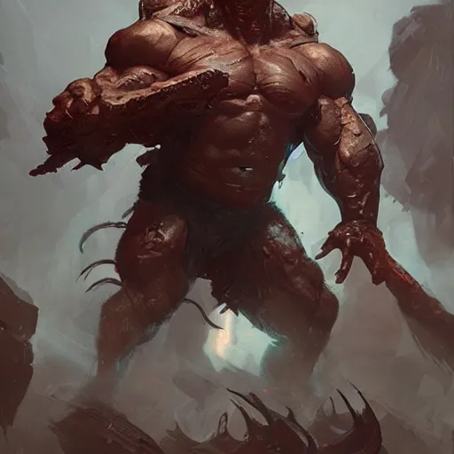 Prompt: mutant man, fantasy boss, dramatic illustration, muscular character, huge horns, art by greg rutkowski, digital art, artstation