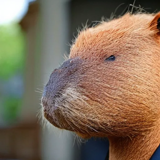 Image similar to capybara head, a man wearing a suit capybara head (smoking cigar)