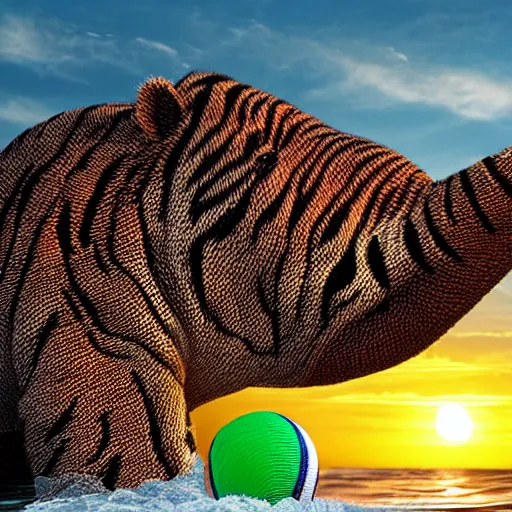 Image similar to a closeup photorealistic photograph of a cute smiling knitted tiger hippopotamus chasing a beachball at sunset. surf in the background. professional capture. this 4 k hd image is trending on artstation, featured on behance, well - rendered, extra crisp, features intricate detail, epic composition and the style of unreal engine.