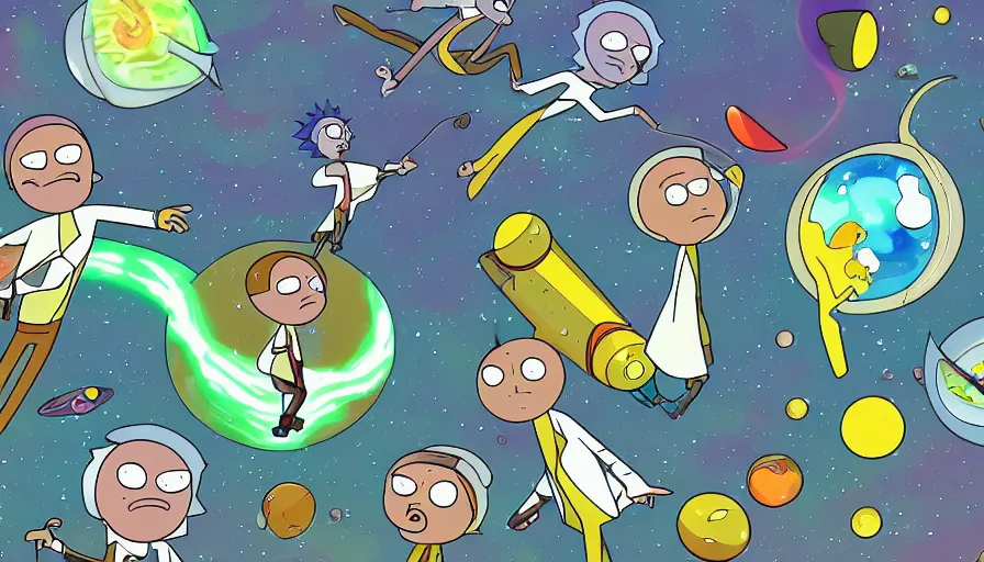 Prompt: galaxy, planets, civilization, e - scooter invasion, rick and morty style