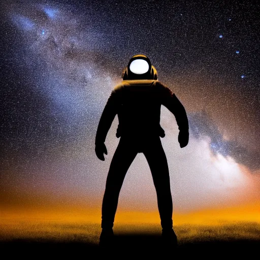 Image similar to astronaut silhouette with arms extended forward, bottom of arms lit by light coming from off camera, light coming from below, starry sky background, lit from below, full body photo,, 8 k