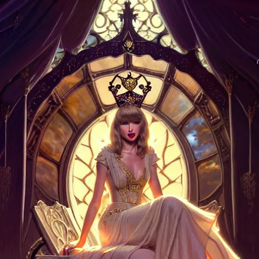 Image similar to Taylor Swift sitting on a majestic throne wearing a crown, D&D style, fantasy, intricate, elegant, highly detailed, digital painting, artstation, concept art, matte, sharp focus, illustration, art by Artgerm and Greg Rutkowski and Alphonse Mucha