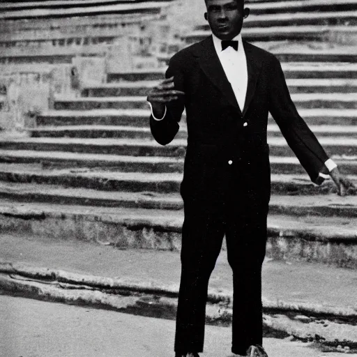 Image similar to vintage photo of a black man wearing a black suit in rio de janeiro