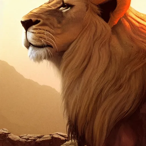 Prompt: lion staring at you, 3d scene, render, ultra realistic, zenith view, Frank Frazetta, Richard Corben, Moebius, Greg Rutkowski, artstation, cgsociety, level design, unreal engine, 3d scene, render, ultra realistic