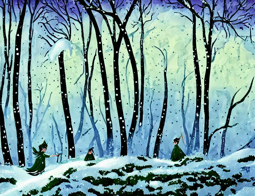 Prompt: lush chia pet frolicking in snowy woods, stormy skies. russian fairytale art, gouache, dynamic composition, backlighting