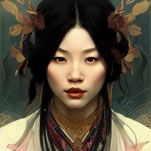 Prompt: A portrait of Eileen Feng Gu by greg rutkowski and alphonse mucha,In style of digital art illustration.Dark Fantasy.darksouls.hyper detailed,smooth, sharp focus,trending on artstation,4k