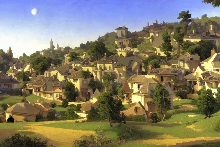 Image similar to a beautiful landscape of a futuristic science fiction village with curved houses in the french countryside during spring season. highly detailed painting by studio ghibli hd and william adolphe bouguereau hd. nice afternoon lighting, smooth tiny details, soft and clear shadows, low contrast, perfect