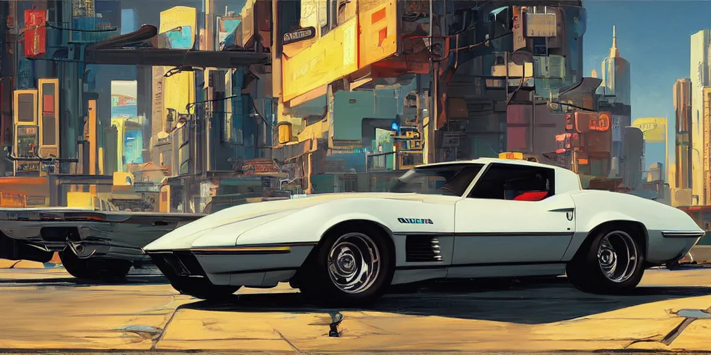 Prompt: art style by Ben Aronson and Edward Hopper and Syd Mead, wide shot view of the Cyberpunk 2077, on ground level. full view of the Corvette 1969 with wide body kit modification.