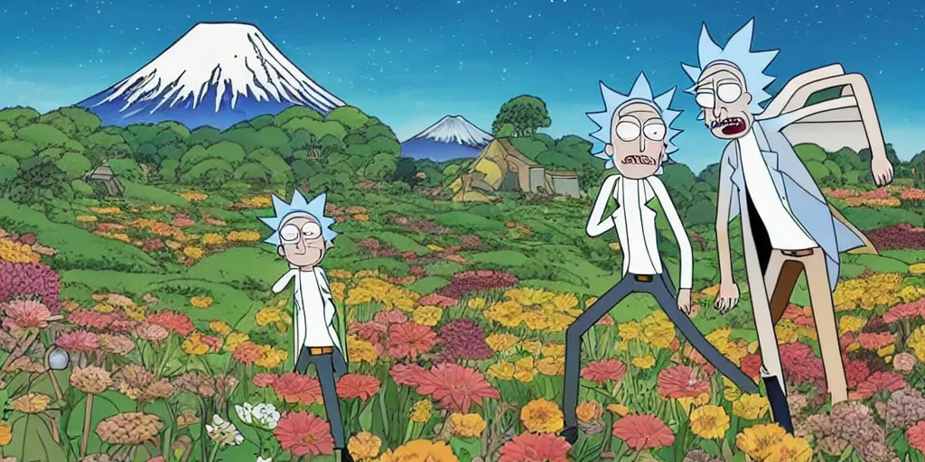 Prompt: Rick and Morty in a Field of mixed flowers, Mount Fuji blurred in the background, good news on Sunday, chinese ancient painting