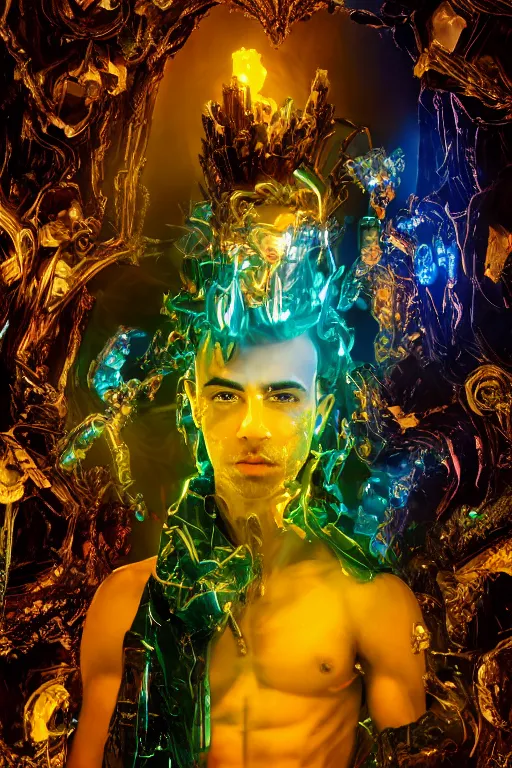 Image similar to photo of fullbody rococo and cyberpunk delicate neon crystalline sculpture of seductive muscular onyx albino marble prince joe jonas teal iridescent humanoid deity wearing yellow plastic hooded cloak holding an onyx skull in a onyx space dungeon, reclining, glowing yellow face, crown of white diamonds, cinematic lighting, photorealistic, octane render 8 k depth of field 3 d