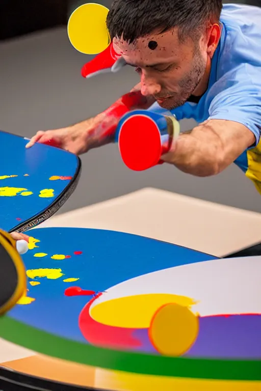 Prompt: man playing table tennis, paddle and ball, colorful paint splatters