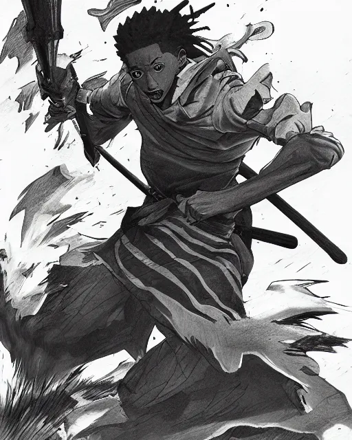 Image similar to a very detailed pencil drawing of 2 1 savage in demon slayer manga panel, action lines, greg rutkowski, in field high resolution, dynamic pose, landscape, medium portrait, action, hyper realistic, manga, koyoharu gotouge, sakuga