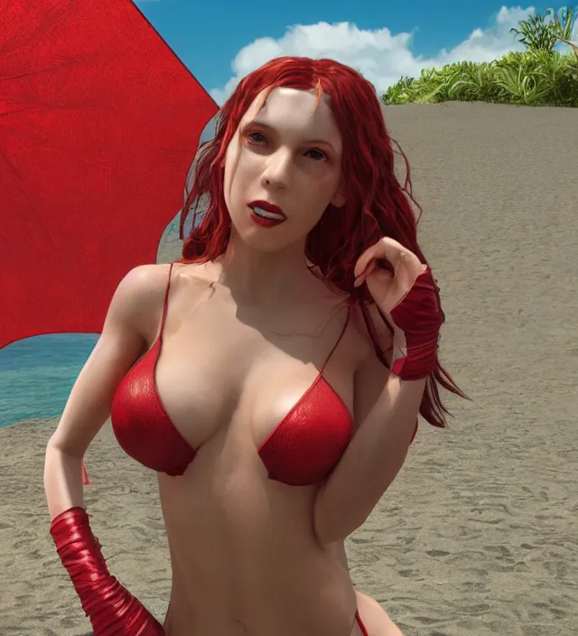 Prompt: scarlet witch in bikini at a beachside, nostalgia, very detailed texture, realistic shaded lighting, studio quality, digital art, painting background, unreal engine 5 rendered, octane rendered, pinnacle studio, naturel, trending on artstation, art style by nixeu and ian sprigger